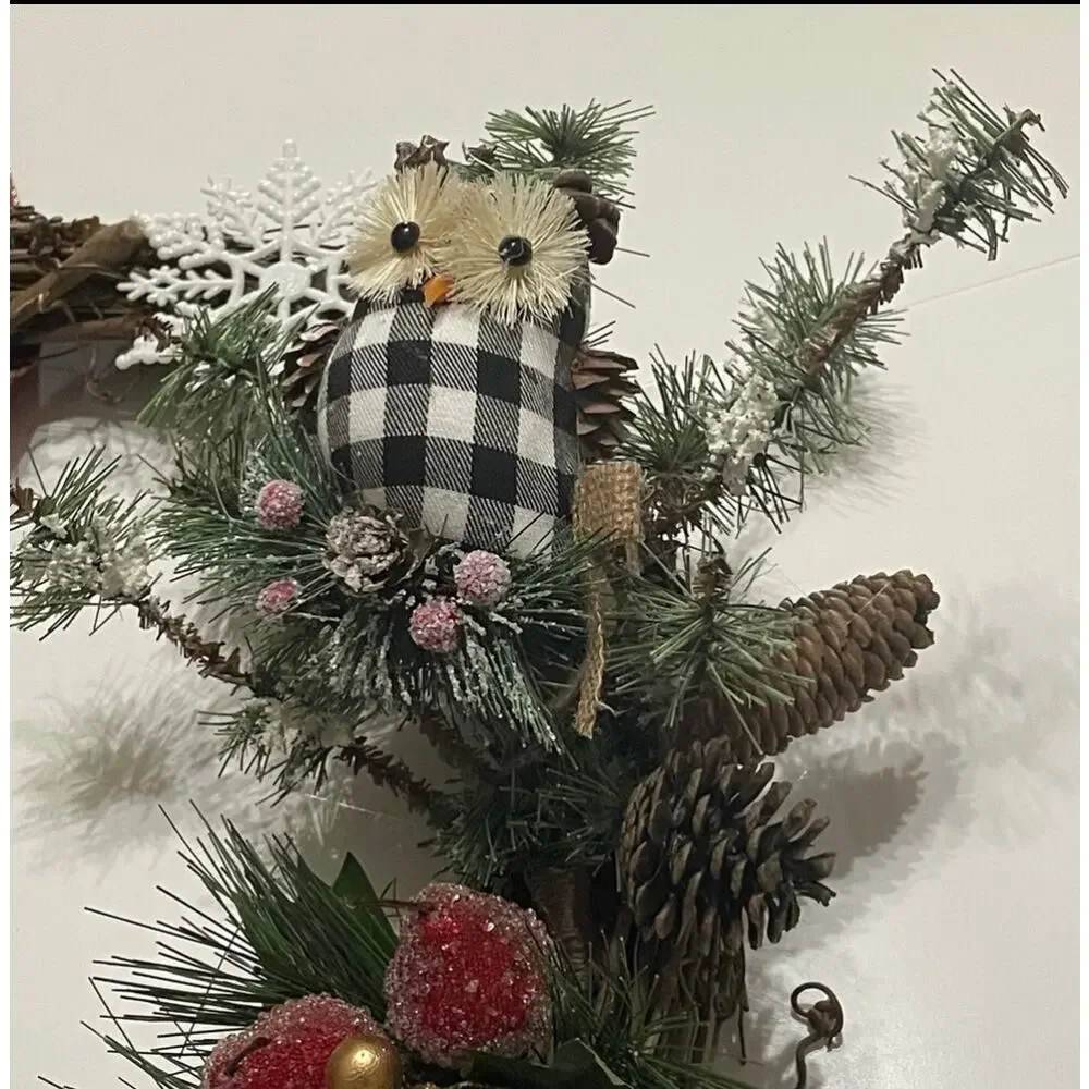 Christmas Owl Buffalo Plaid Grapevine Wreath 16